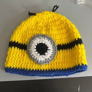 Handmade Crochet Minion Beanie Yellow Blue Knit One Eye Goggle Hat Despicable Me